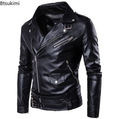 Handsome Motorcycle Leather Jackets for Men British Style Fashion Faux Leather Zipper Coat Casual Streetwear Men Punk PU Jackets