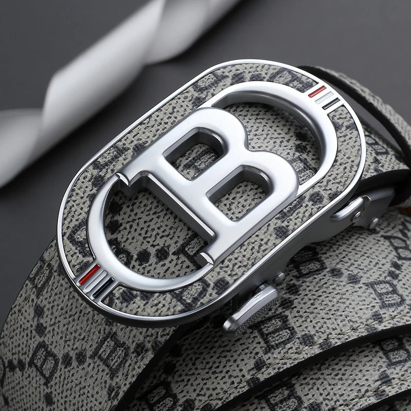 Fashion B Letter Auto Buckle Belt Men's Monogram Print PU Leather Adjustable Waist Strap for Daily Work
