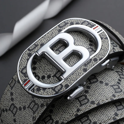 Fashion B Letter Auto Buckle Belt Men's Monogram Print PU Leather Adjustable Waist Strap for Daily Work