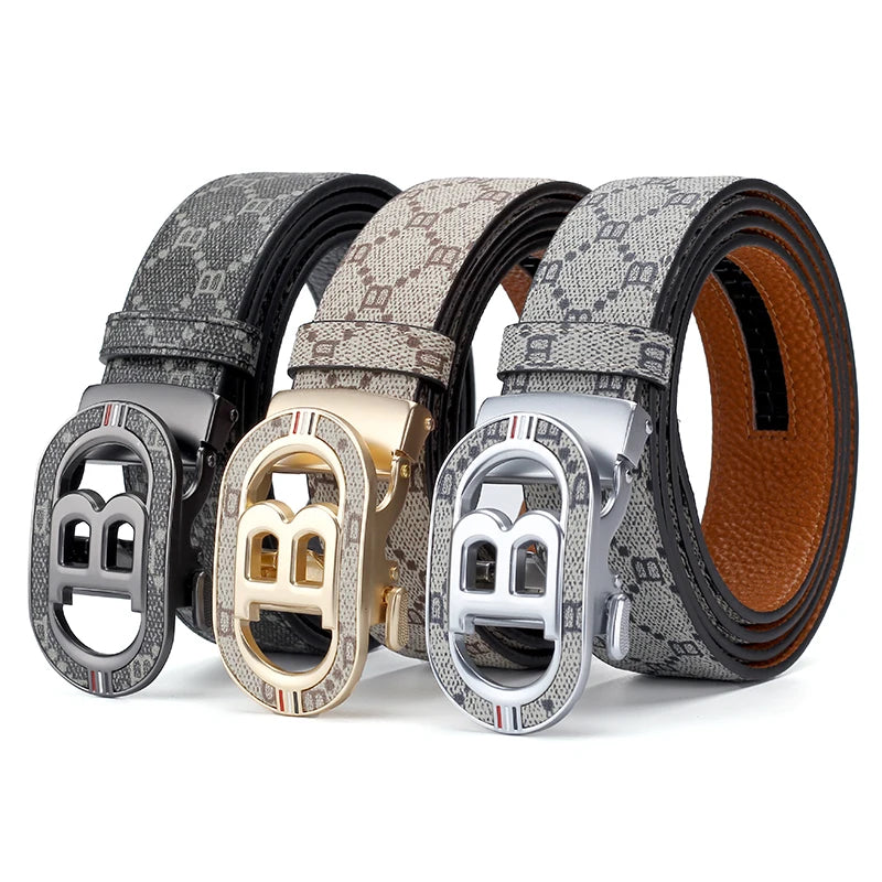 Fashion B Letter Auto Buckle Belt Men's Monogram Print PU Leather Adjustable Waist Strap for Daily Work