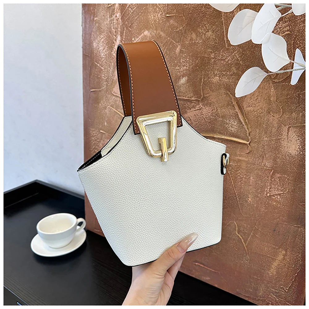 Luxury Bucket Handbags for Women Casual Contrast Color Small Basket Bag Single Shoulder Bags Lychee Pattern Leather Shoulder Bag