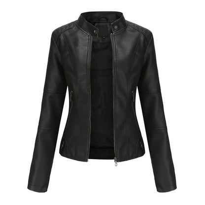 Women's Solid Color Pu Leather Jackets Slim Fit Zipper Leather Bomber Coat Turtleneck Women's Motorcycle Leather Jackets куртка