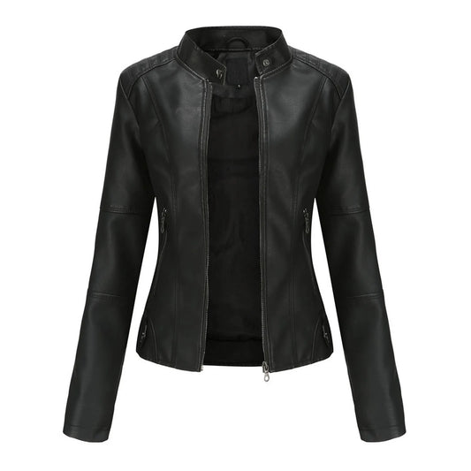 Women's Solid Color Pu Leather Jackets Slim Fit Zipper Leather Bomber Coat Turtleneck Women's Motorcycle Leather Jackets куртка