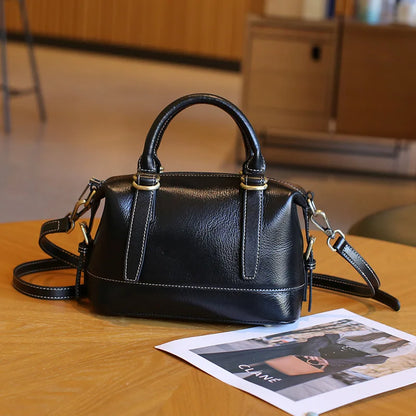 New Genuine Leather Boston Bag for Women First Layer Cowhide Shoulder Crossbody Handbag Elegant Versatile Top Handle Purse