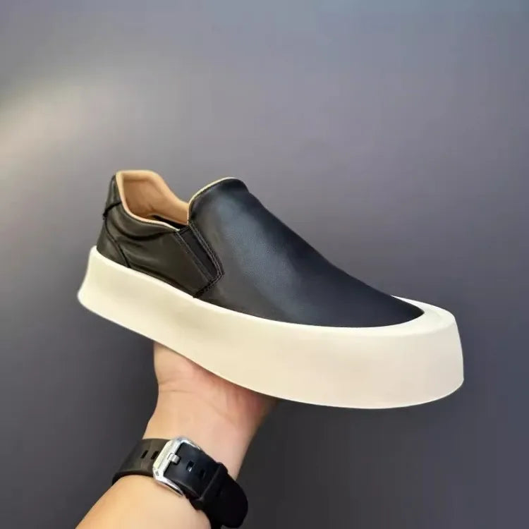 Vintage Mens New Slip On Loafers Thick Platform Casual Skateboard Shoes Cowhide Genuine Leather Shoes Outside Joggers Sneakers