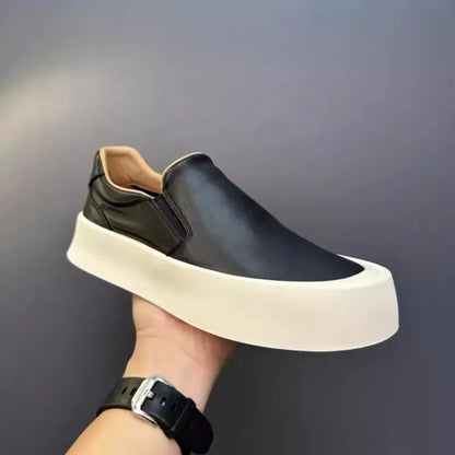 Vintage Mens New Slip On Loafers Thick Platform Casual Skateboard Shoes Cowhide Genuine Leather Shoes Outside Joggers Sneakers
