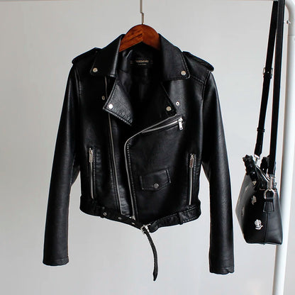 New Leather Jacket Women's Fashion Autumn PU Slim Fit Artificial Leather Motorcycle Coat Black Red Leather Jacket Women