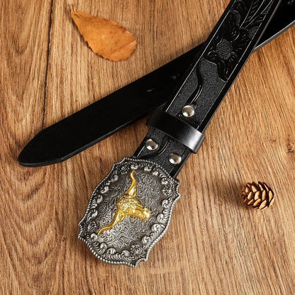 Men Western Cowboy Belt, Black Faux Leather with Embossed Pattern, Stylish Alloy Buckle, Cool Fashion Waist Belt for Daily Wear