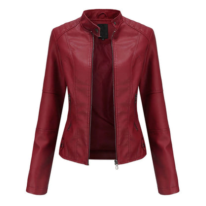 Women's Solid Color Pu Leather Jackets Slim Fit Zipper Leather Bomber Coat Turtleneck Women's Motorcycle Leather Jackets куртка