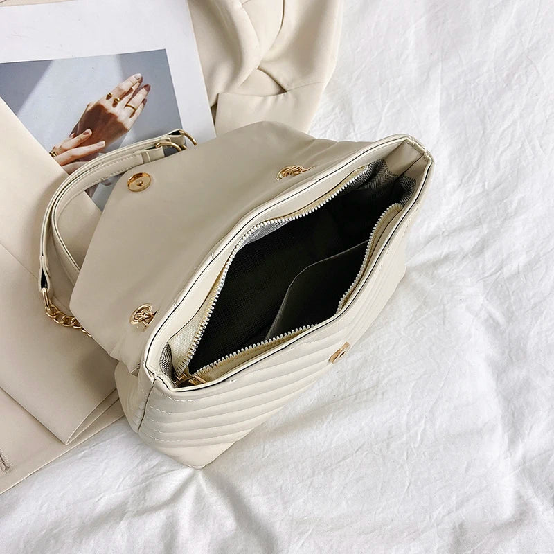 Embroidery Thread PU Leather Crossbody Bags For Women 2025 Women's Branded Trending Shoulder Handbags Chain Clutch Bag Black