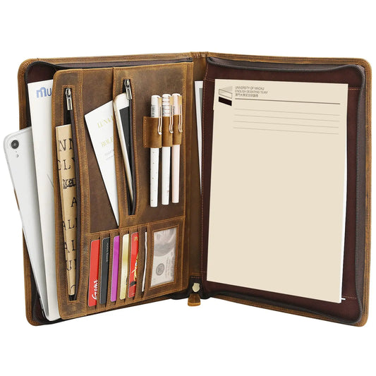 Vintage Crazy Horse Full Grain Leather Briefcase - 12.9" Laptop Bag 25x33x4cm Folder Organizer, 700g Lightweight Mens Office Bag
