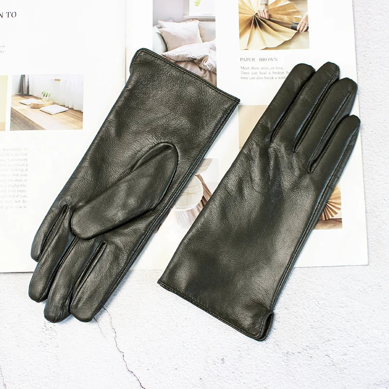 Leather Sheepskin Gloves Women's Autumn Warm Fleece Lining Color Fashion Thin Outdoor Activities Electric Bike Riding Driving