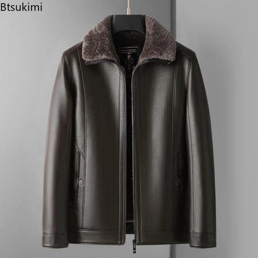 New Men's Leather Jackets Autumn Winter Fleece Warm Motorcycle Coat Fashion Business Casual PU Leather Jacket Men Slim Outerwear