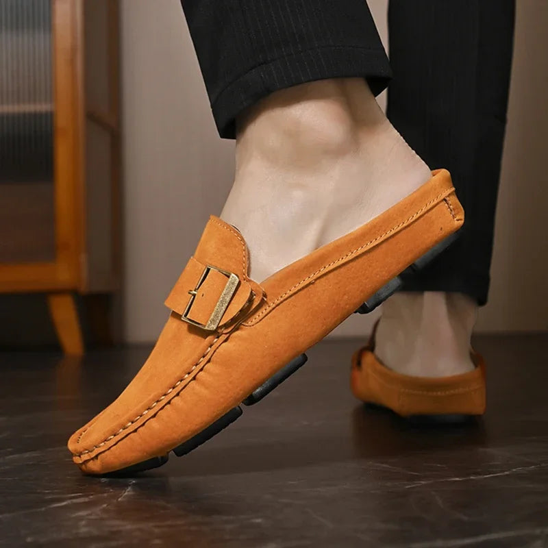 2025 Men's Slippers Leather Casual Shoes Summer Flat Bottom Outdoor Non Slip Comfortable Luxury Trendy Set Wearing Half Slippers