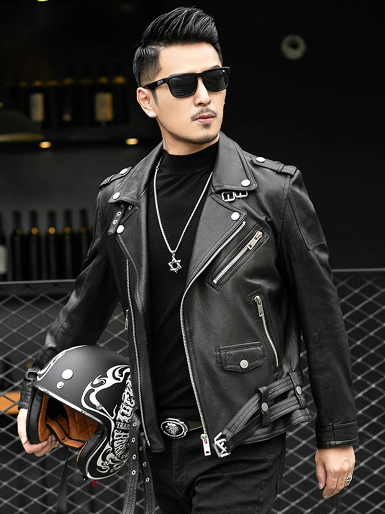 Moto leather jackets Black Leather Biker Jacket Men Zipper Long Sleeve Belt Plus Size European Fashion brand leather jackets