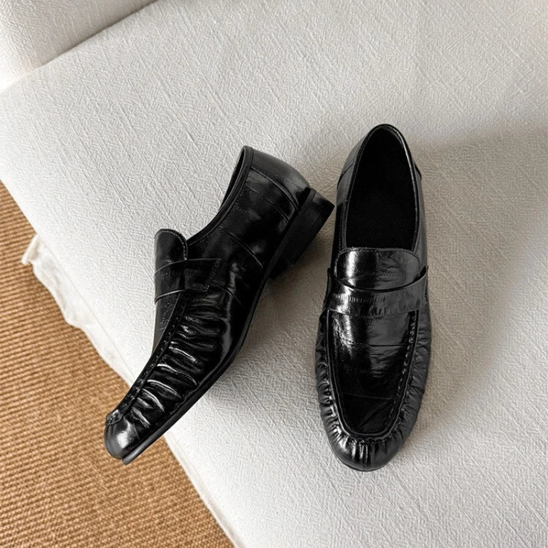 Large Size Genuine Leather Loafers High Quality Thick Heel Slip-on small Leather Shoes Elegant Commuting Office Women' s Shoes