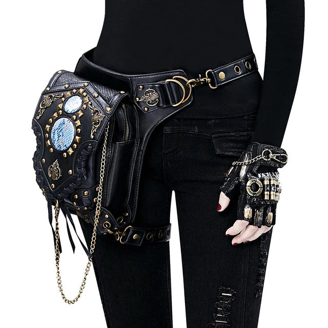 Steampunk Retro Rock Belt Halloween Cosplay Accessories Leather Rivet Chain Drop Leg Motorcycle Crossbody Shoulder Bag For Adult