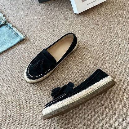 Fashionable Loafers women new high-quality suede leather retro woven comfortable flat shoes women's daily casual single shoes 40