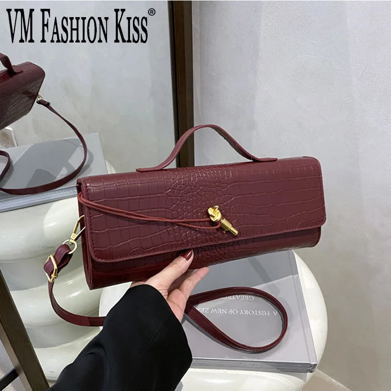 Women's Bags Burgundy Retro PU Leather Crocodile Pattern long Flip Women's Clutch Elegant Evening Bag Shoulder Crossbody Bag