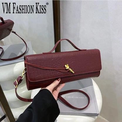 Women's Bags Burgundy Retro PU Leather Crocodile Pattern long Flip Women's Clutch Elegant Evening Bag Shoulder Crossbody Bag