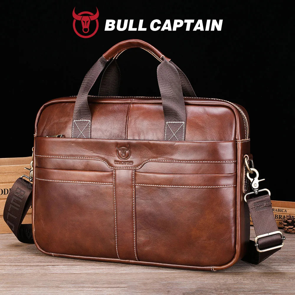 BULLCAPTAIN Leather Laptop Bag, Top Layer Leather 15" Laptop Bag Men's Laptop Briefcase Briefcase Work Business Travel Bag 053