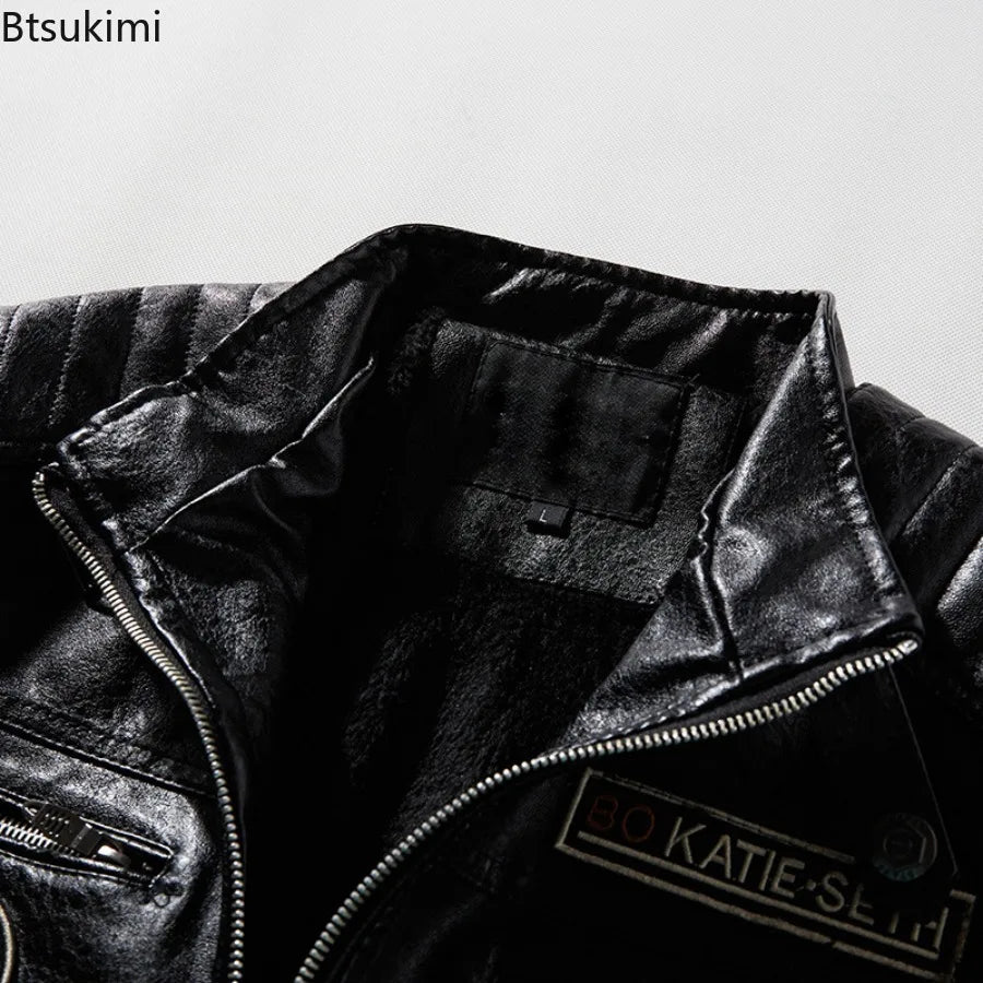 2026 Leather Jackets Men's Autumn Winter Fleece Motorcycle PU Leather Jackets Vintage Casual Stand Collar Windbreaker Slim Coats