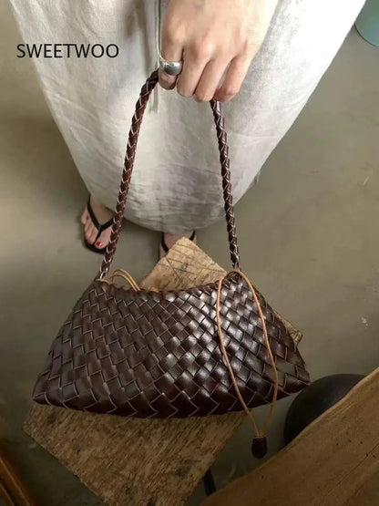Women's Woven Leather Shoulder Bag Braided Strap Casual Handbag