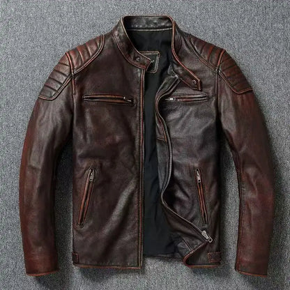New Vintage Black Leather Jacket Natural Cowhide Men Motorcycle Biker Coat Mens Slim Calf Skin Coat