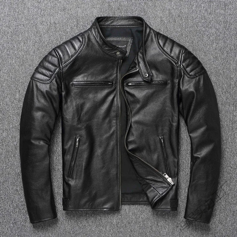 New Vintage Black Leather Jacket Natural Cowhide Men Motorcycle Biker Coat Mens Slim Calf Skin Coat