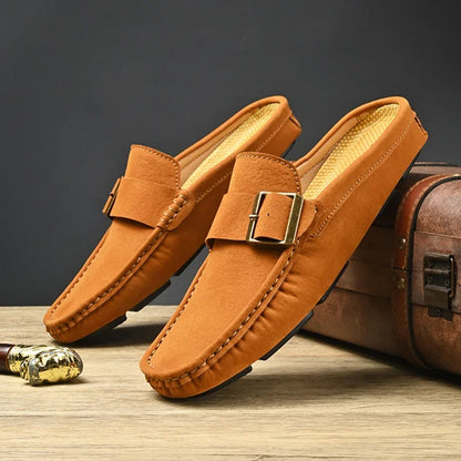 2025 Men's Slippers Leather Casual Shoes Summer Flat Bottom Outdoor Non Slip Comfortable Luxury Trendy Set Wearing Half Slippers