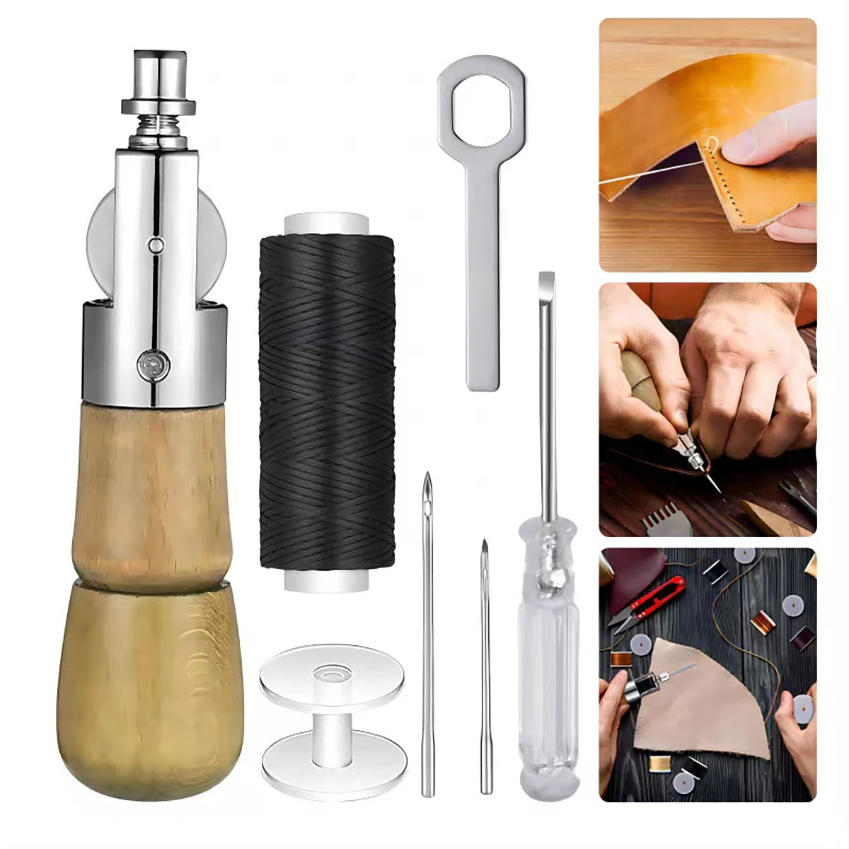 1 Set of Leather Craft Sewing Tools Set, Including Waxed Thread, Wooden Handle Hand Sewing Needle, Beginner Leather Repair