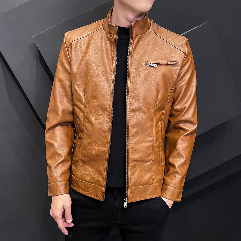 Motorcycle Leather Jackets Mens Business Fit Brand Slim Men Casual Biker Zipper PU Leather Jackets Male New Men's Leather Jacket