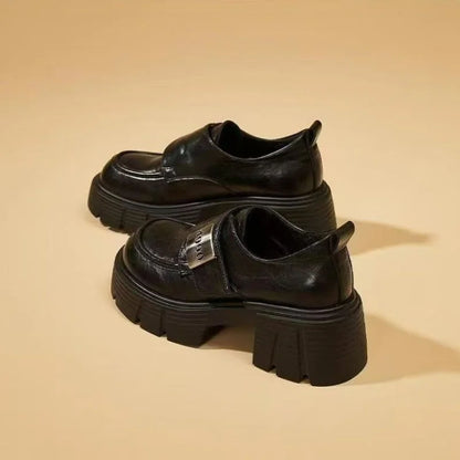 Women's Leather Loafer Slip-on Shoes - Thick Sole Height Increasing Casual Walking Shoes, Metal Buckle Decor Versatile for Daily