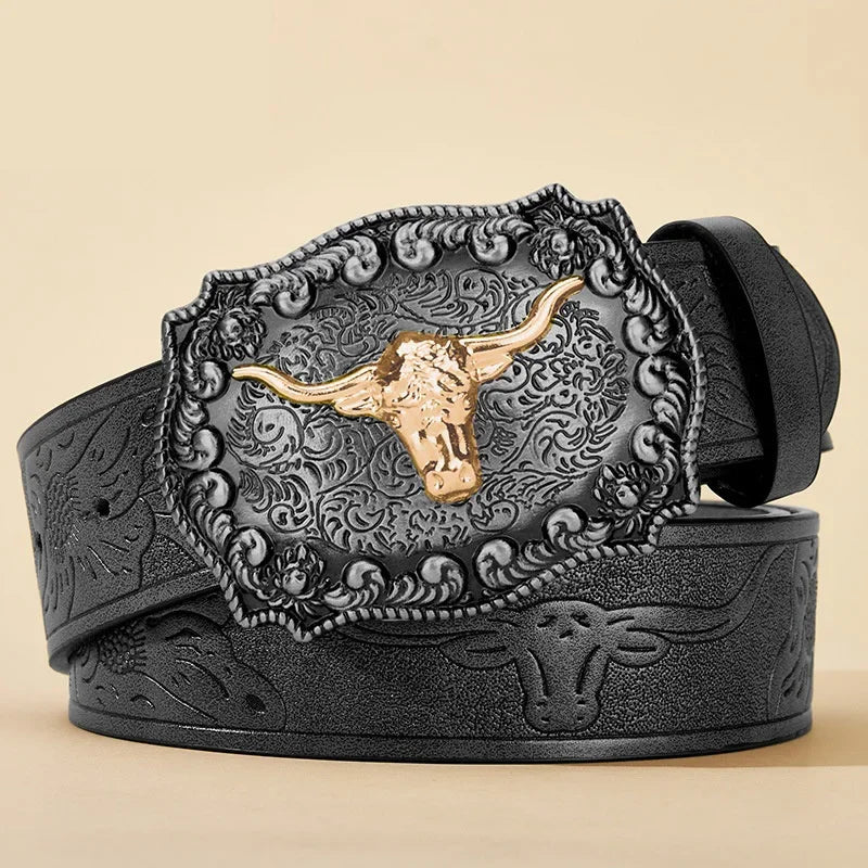 Men Western Cowboy Belt, Black Faux Leather with Embossed Pattern, Stylish Alloy Buckle, Cool Fashion Waist Belt for Daily Wear