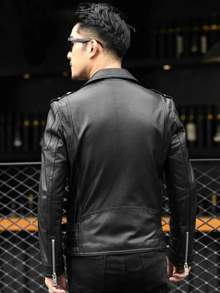 Moto leather jackets Black Leather Biker Jacket Men Zipper Long Sleeve Belt Plus Size European Fashion brand leather jackets