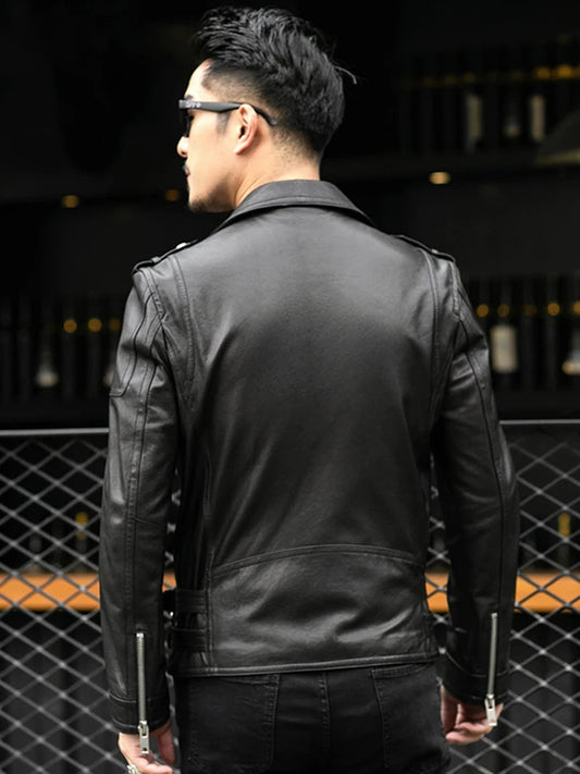 Moto leather jackets Black Leather Biker Jacket Men Zipper Long Sleeve Belt Plus Size European Fashion brand leather jackets