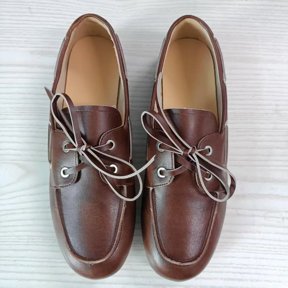 Leather Shoes for Women 2026 Spring and Autumn Sheepskin Worn Dirty Tied Soft Soled Loafer Shoes Retro One Foot Women's Shoe