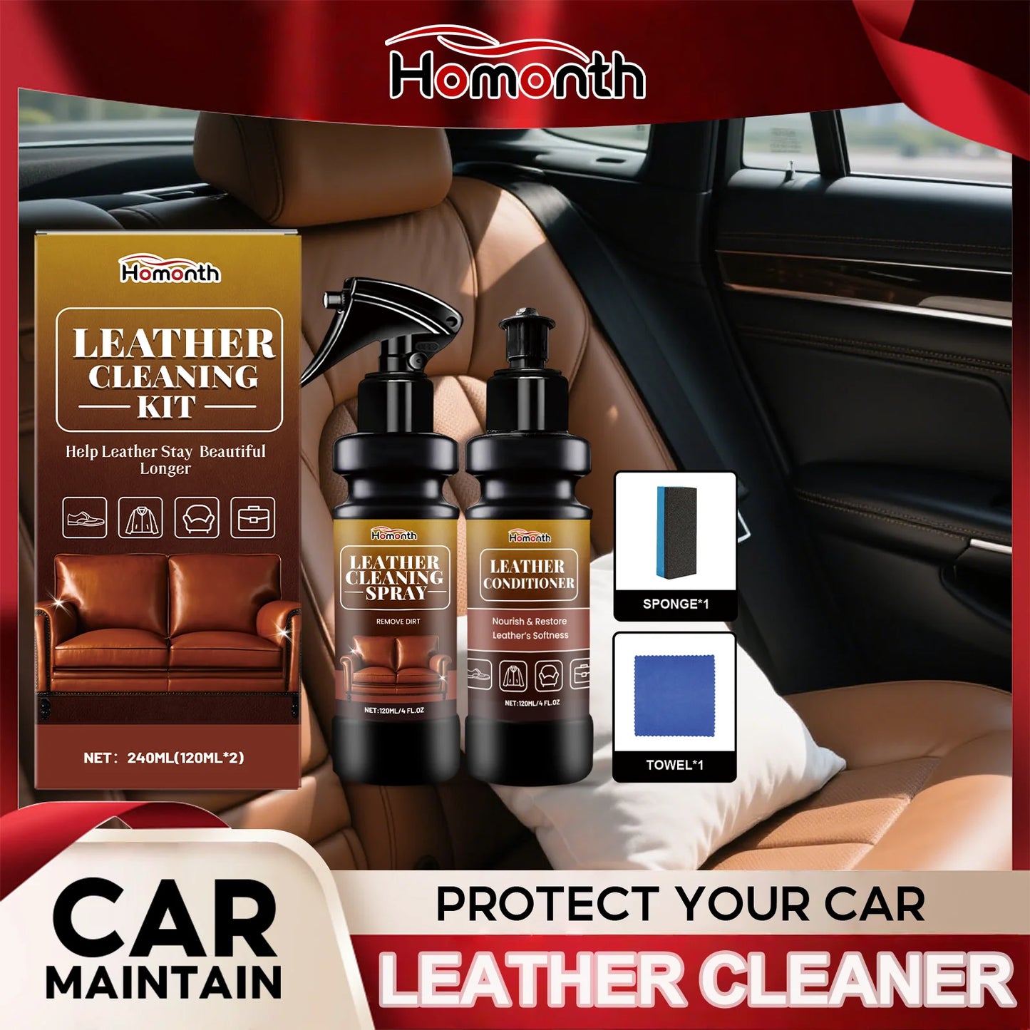 Leather Cleaner And Conditioner Kit Deep Spray Nourishing Cream Set for Softness Shine with Cracking Prevention Includes Sponge