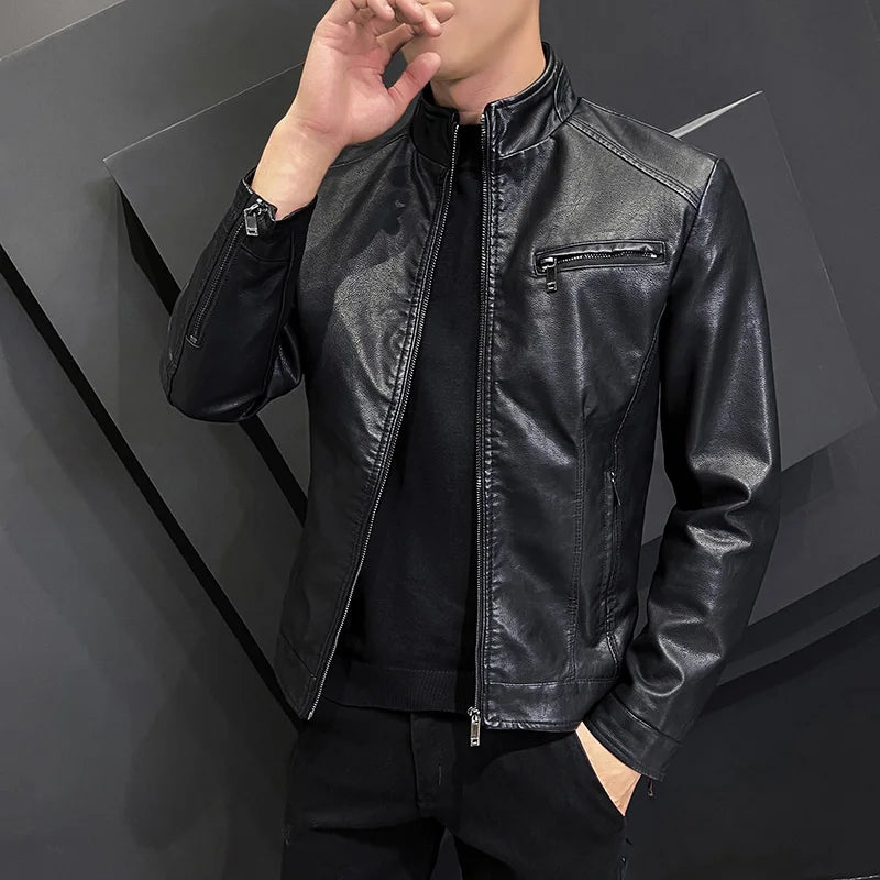 Motorcycle Leather Jackets Mens Business Fit Brand Slim Men Casual Biker Zipper PU Leather Jackets Male New Men's Leather Jacket