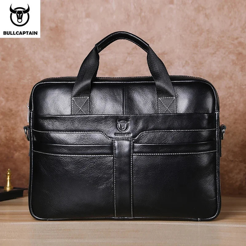 BULLCAPTAIN Leather Laptop Bag, Top Layer Leather 15" Laptop Bag Men's Laptop Briefcase Briefcase Work Business Travel Bag 053