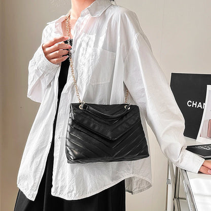 Embroidery Thread PU Leather Crossbody Bags For Women 2025 Women's Branded Trending Shoulder Handbags Chain Clutch Bag Black