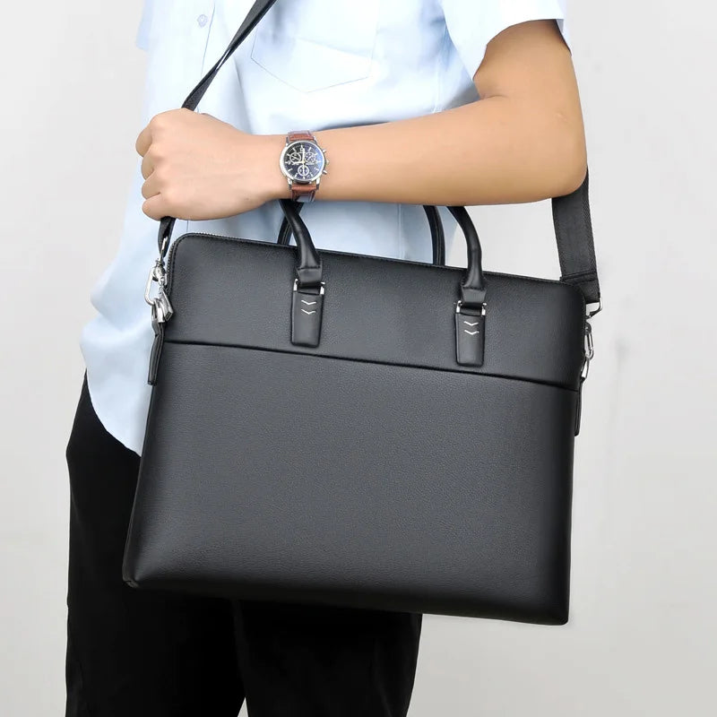 Men's Professional Leather Briefcase - 14" Laptop Office Bag with Shoulder Strap, Waterproof Business Messenger Bag