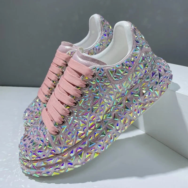Leather Women Shoes Autumn Spring  New Style Fashion Platform Shoes Ins Platforms Sneakers Tide Shine Bling Rhinestone Shoes