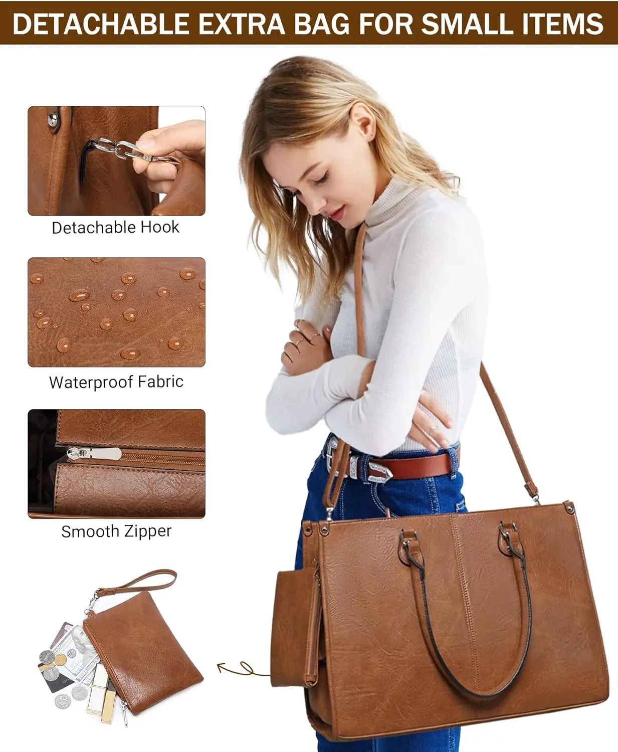 2 in 1 Laptop Tote Bag with Insulated Lunch Compartment for Women Work, PU Leather Lunch Bag with 15.6 Inch Computer Compartment