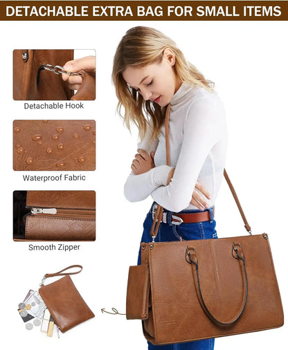 2 in 1 Laptop Tote Bag with Insulated Lunch Compartment for Women Work, PU Leather Lunch Bag with 15.6 Inch Computer Compartment