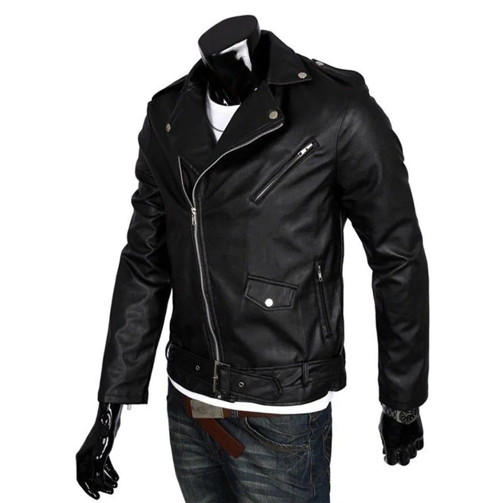 Men Leather Jacket Slim Fit Motorcycle Jacket Zipper Casual Coat Spring Autumn Winter