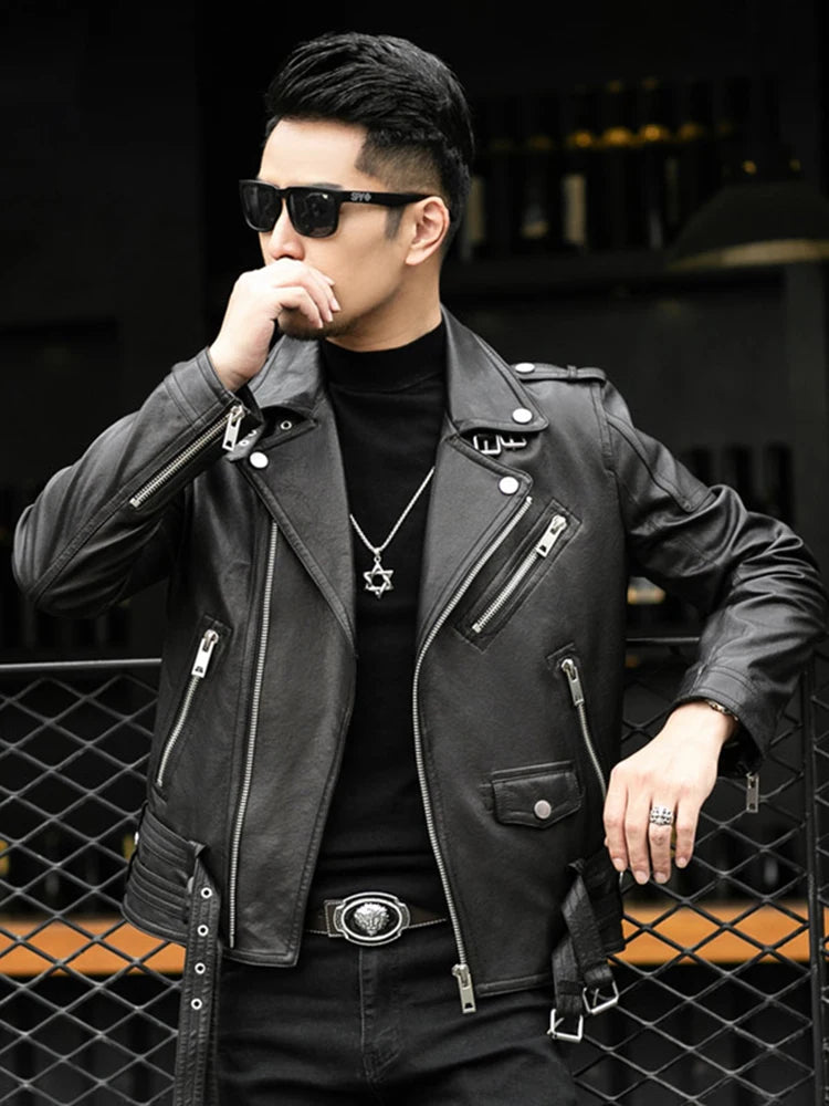 Moto leather jackets Black Leather Biker Jacket Men Zipper Long Sleeve Belt Plus Size European Fashion brand leather jackets
