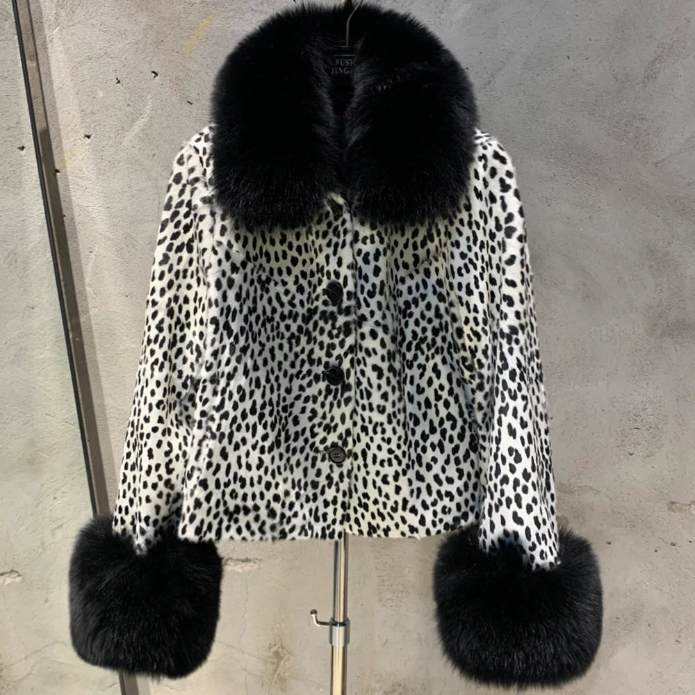 Fox Fur Collar Leather Jackets Women Autumn Luxury Natural Fox Fur Leather Jackets with Long Sleeve