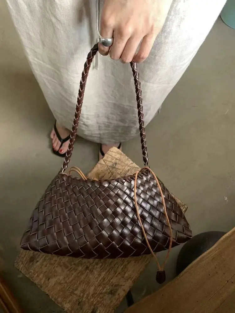 Women's Woven Leather Shoulder Bag Braided Strap Casual Handbag