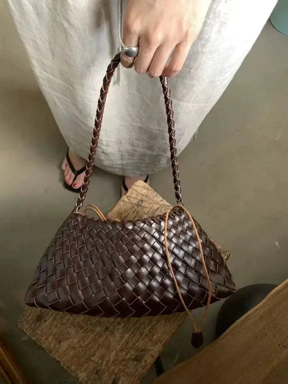 Women's Woven Leather Shoulder Bag Braided Strap Casual Handbag